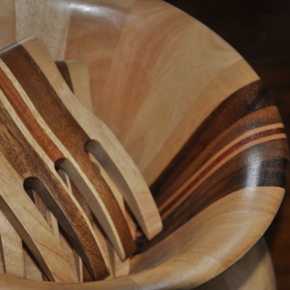 4 pc Handcrafted Mixed Wooden Striped Inlay Salad Bowl, Serving Platter & Claws - Picture 7 of 7